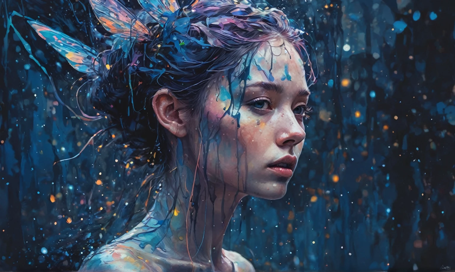 samdoesarts style a Obsidian fairy by agnes cecile,by art Simon Stalenhag,(((Wangechi Mutu))), luminous design, pastel colours, ink drips, autumn lights