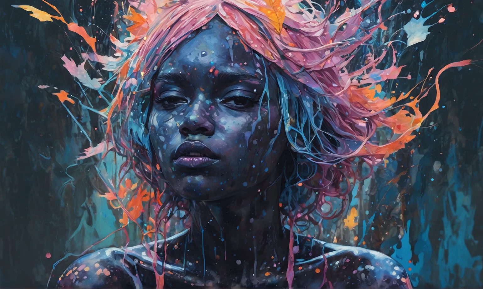 samdoesarts style a Obsidian fairy by agnes cecile,by art Simon Stalenhag,(((Wangechi Mutu))), luminous design, pastel colours, ink drips, autumn lights