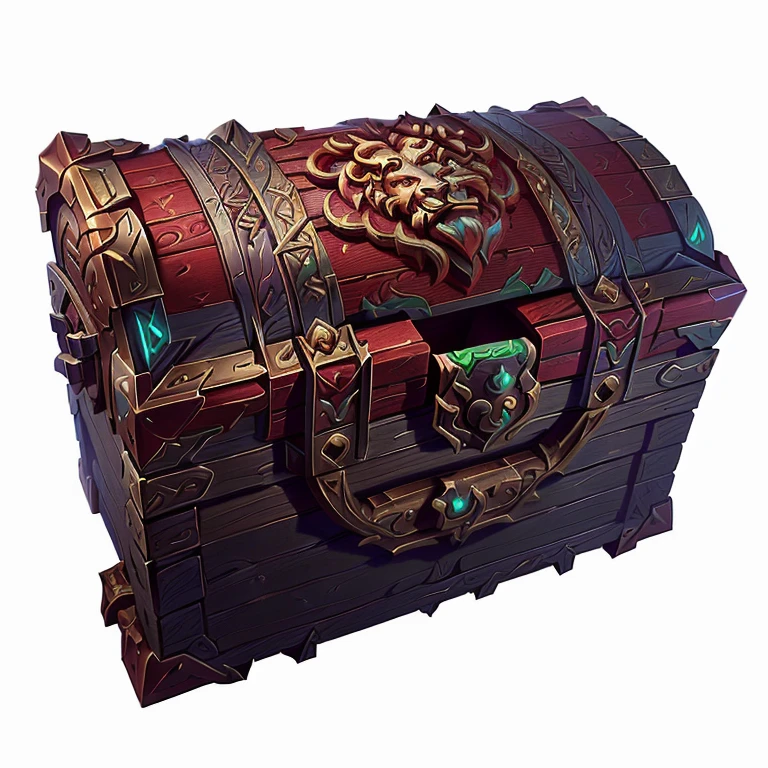 Redraw this red treasure chest or loot box with ornate lion details in a highly detailed stylised fantasy art like Blizzard, world of warcraft, hearthstone, keep the same look of the object, just update the art style.