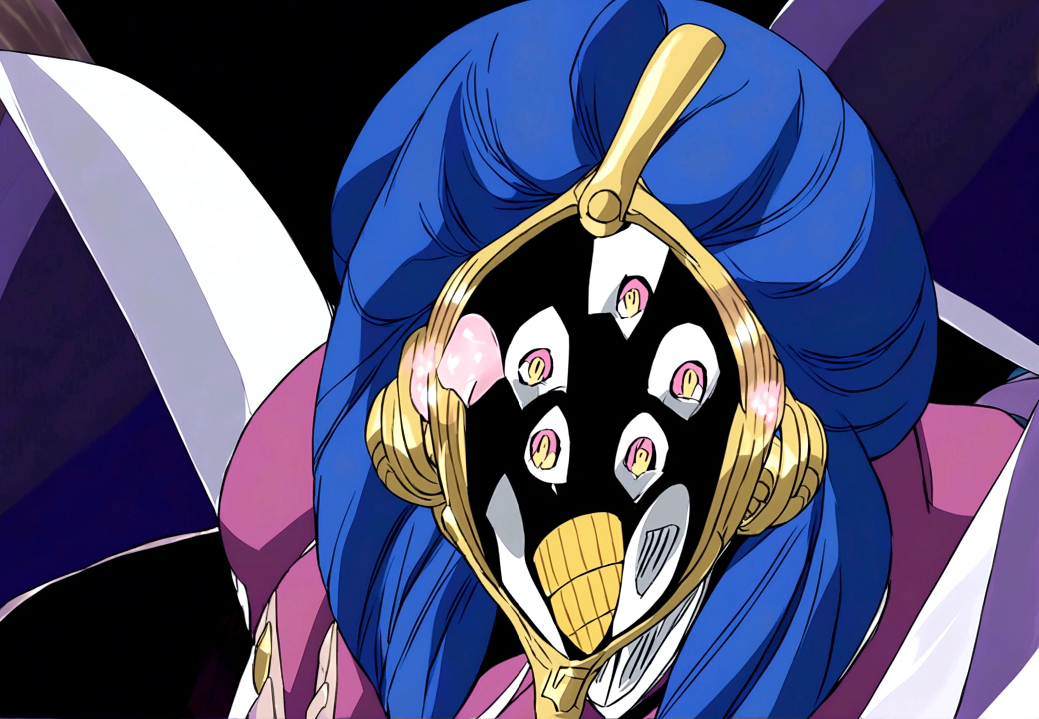 Mayuri Kurotsuchi from Hot Bleach, smiling is a man and with his sword, Its entire body is black and has white stripes.. His eyes are yellow, sticking out tongue
