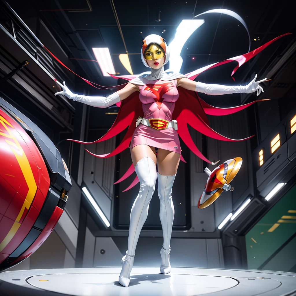 ANI_CLASSIC_jun_gatchaman_ownwaifu,1girl, 15yo,good anatomy, masterpiece, best quality,realistic, hyperrealistic, 16k hdr, long hair,breasts,green eyes,lips,large breasts,lipstick,makeup,gloves,cape,helmet,belt,elbow gloves,white gloves,mask,ultra miniskirt,leotard,spacesuit,white tight overknee highheels boots,pink dress,superhero,bodysuit,cleavage,erected nipples,(sexy pose,view from below),(spread legs:1.1),cameltoe