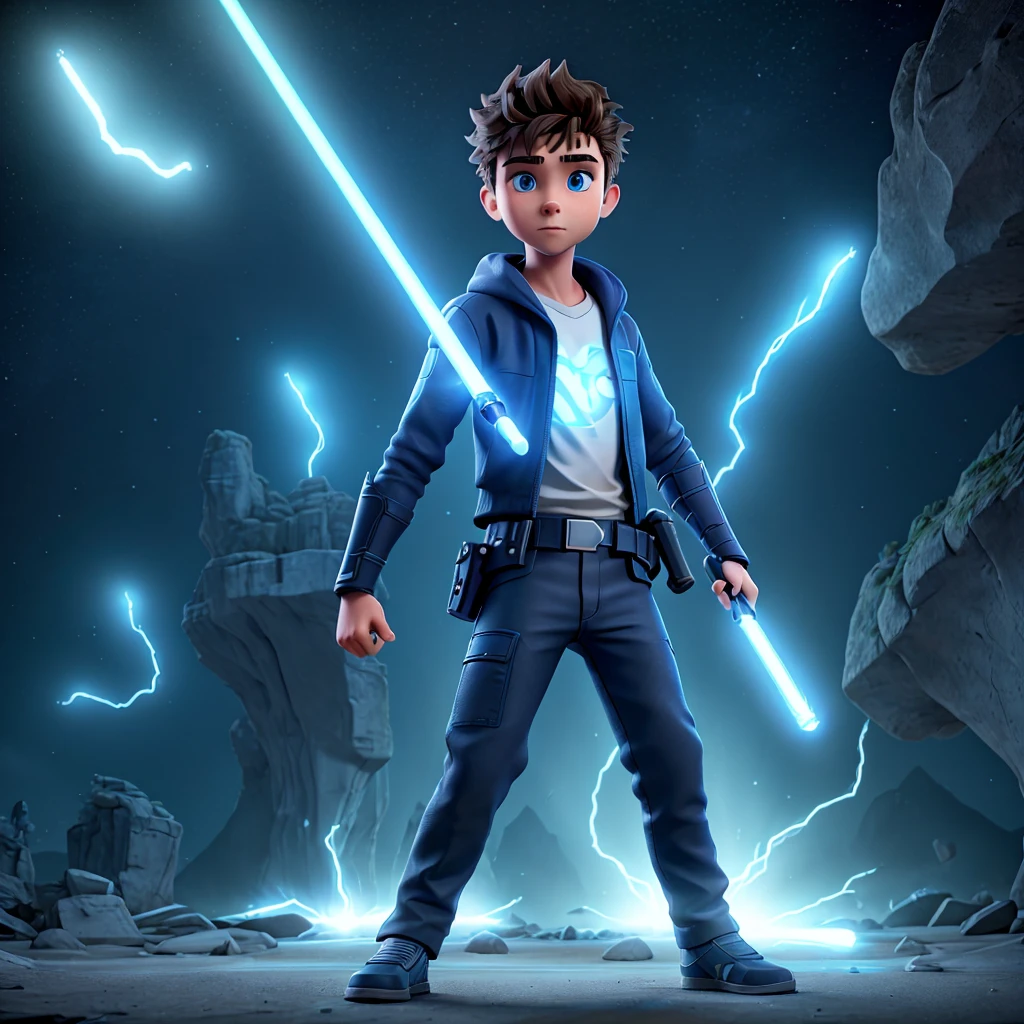 a teenage man wielding a lightsaber in his hands, cinematic lighting, dramatic pose, epic sci-fi, futuristic environment, glowing blue lightsaber, highly detailed, intricate details, photorealistic, powerful energy, sharp focus, stunning visual effects, vibrant colors