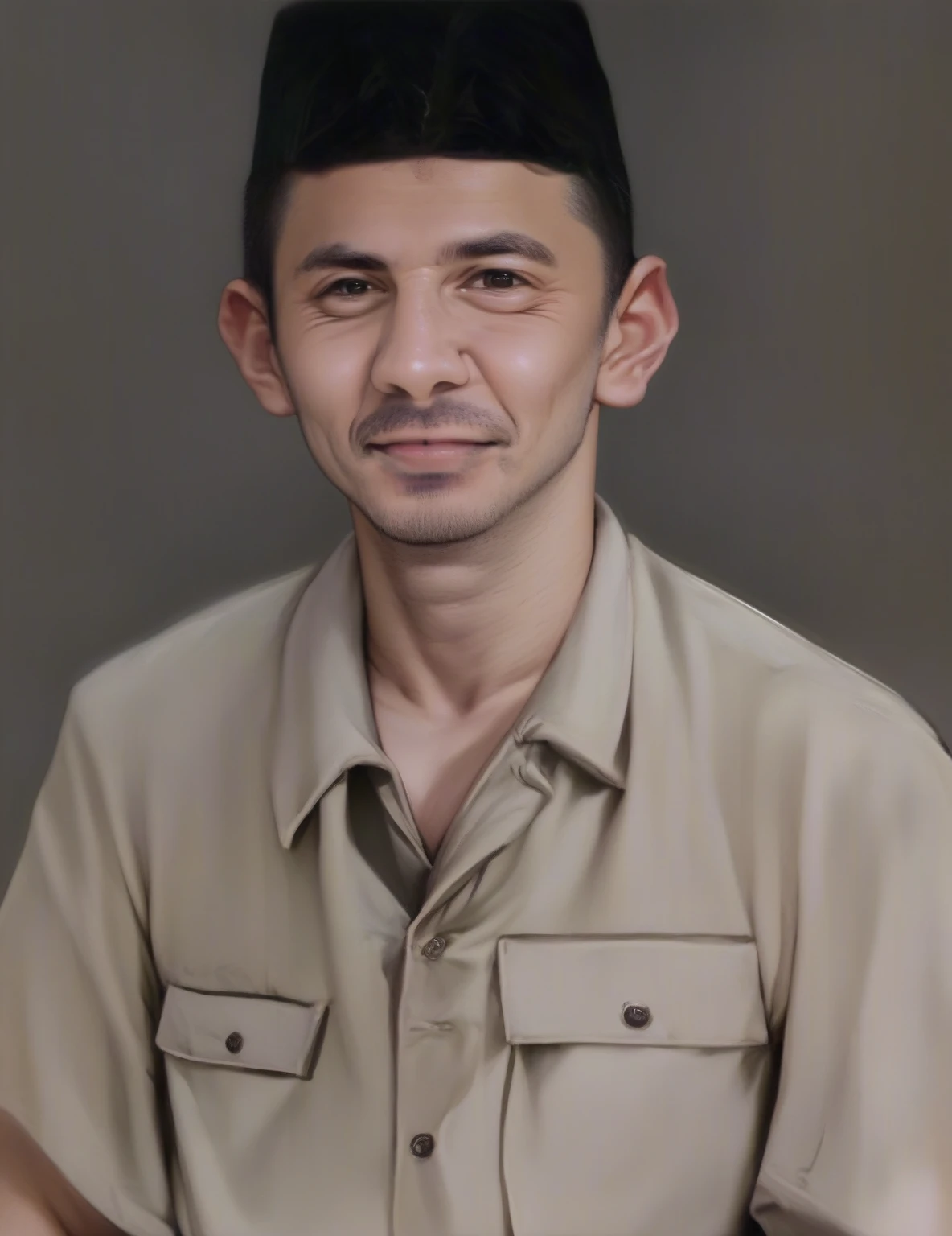 a 50 year old Indonesian man with brown skin, wearing a black songkok, wearing light brown clothes, real realistic and natural