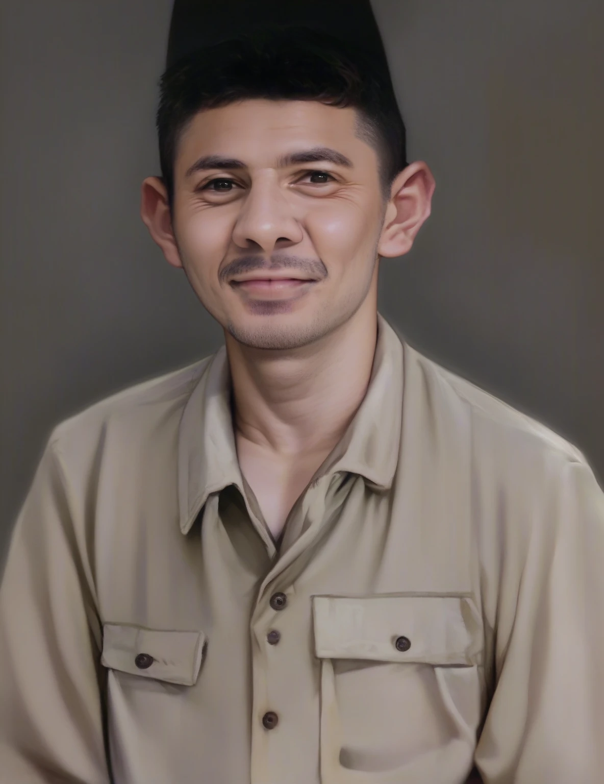 a 50 year old Indonesian man with brown skin, wearing a black songkok, wearing light brown clothes, real realistic and natural