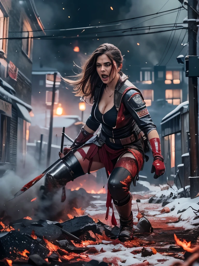 An ultra hot gorgeous European woman, age 23, in action pose,  Body covered of blood and blood splatter.bloody face, bloody clothes, bloody body. She’s full of fury and anger. Outside, in the snowy streets of a town after a disaster. Flames, heavy smoke. Sparkles, explosions. Dramatic cinematic light. Dark atmosphere.