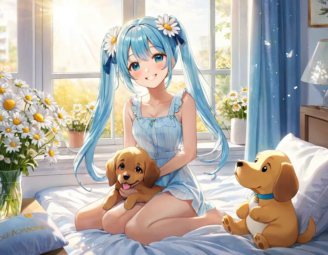 The room is decorated with many daisies.、Margaret flowers on the windowsill、The morning sun is shining、Long light blue hair、Beautiful girl with twin tails、Sitting on the bed holding a large pillow、Bright smile、Bright smile、There is a dog next to the bed.