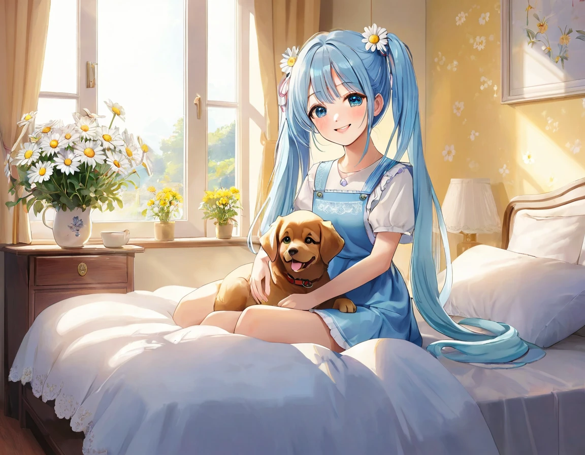 The room is decorated with many daisies.、Margaret flowers on the windowsill、The morning sun is shining、Long light blue hair、Beautiful girl with twin tails、Sitting on the bed holding a large pillow、Bright smile、Bright smile、There is a dog next to the bed.