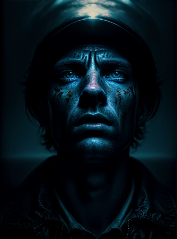 a man staring into the abyss of art, extremely detailed face and eyes, detailed clothing, moody atmosphere, dramatic lighting, cinematic composition, amber and steel blue color palette, oil painting, chiaroscuro, surreal, (best quality,4k,8k,highres,masterpiece:1.2),ultra-detailed,(realistic,photorealistic,photo-realistic:1.37)