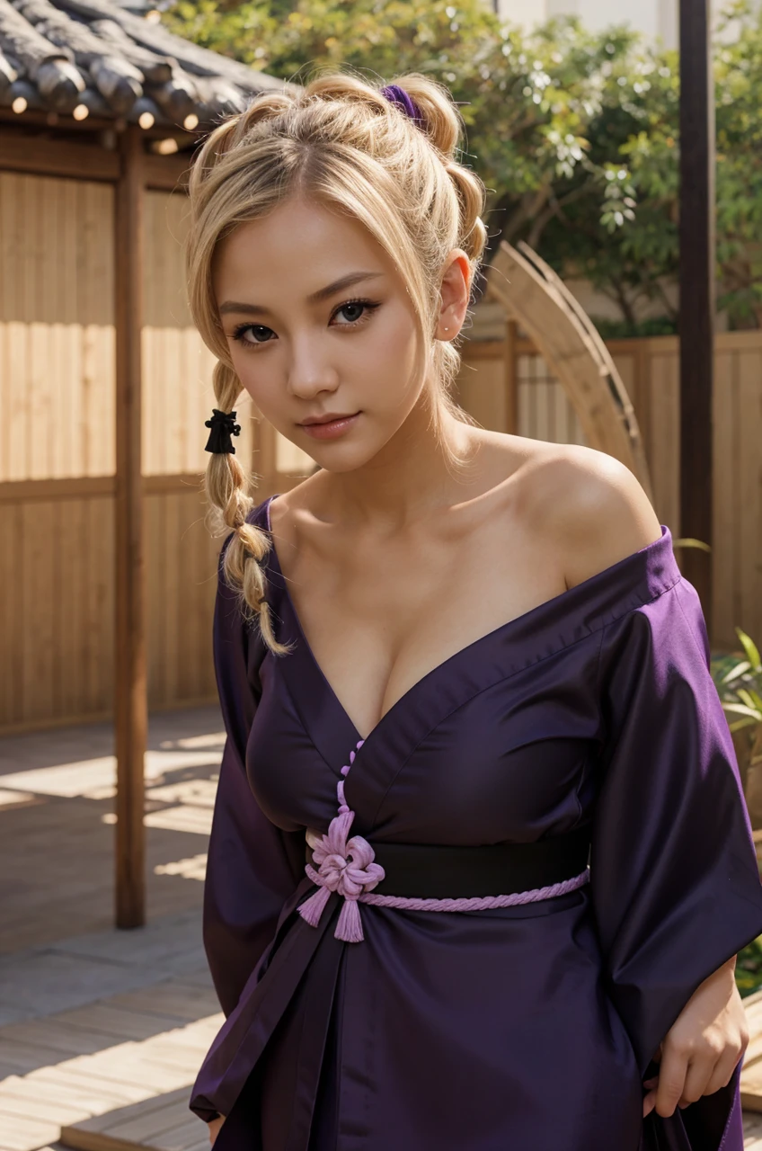 Temari, blonde hair with four pigtails, mikado, black eyes, Small nose, thin neck, seductive, attractive, large breast, purple kimono, realistic, 4k