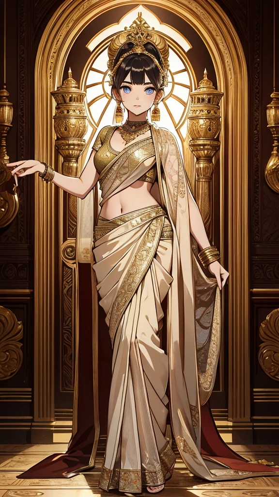 2d, masterpiece, best quality, anime, (highly detailed face), (highly detailed eyes), perfect lighting, 1girl, solo, full body, standing, genie attire, saree