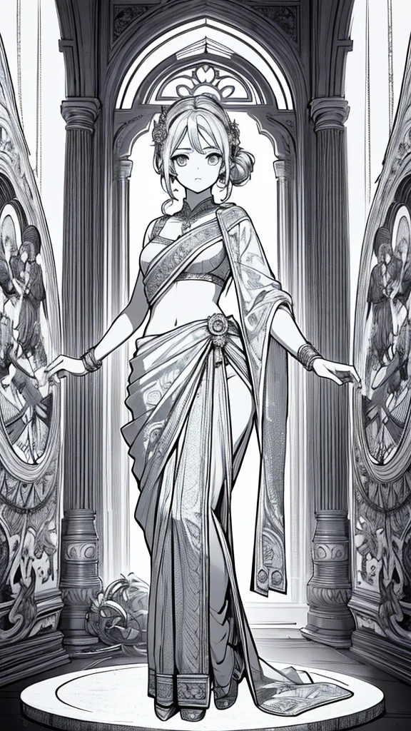 2d, masterpiece, best quality, anime, (highly detailed face), (highly detailed eyes), perfect lighting, 1girl, solo, full body, standing, genie attire, saree