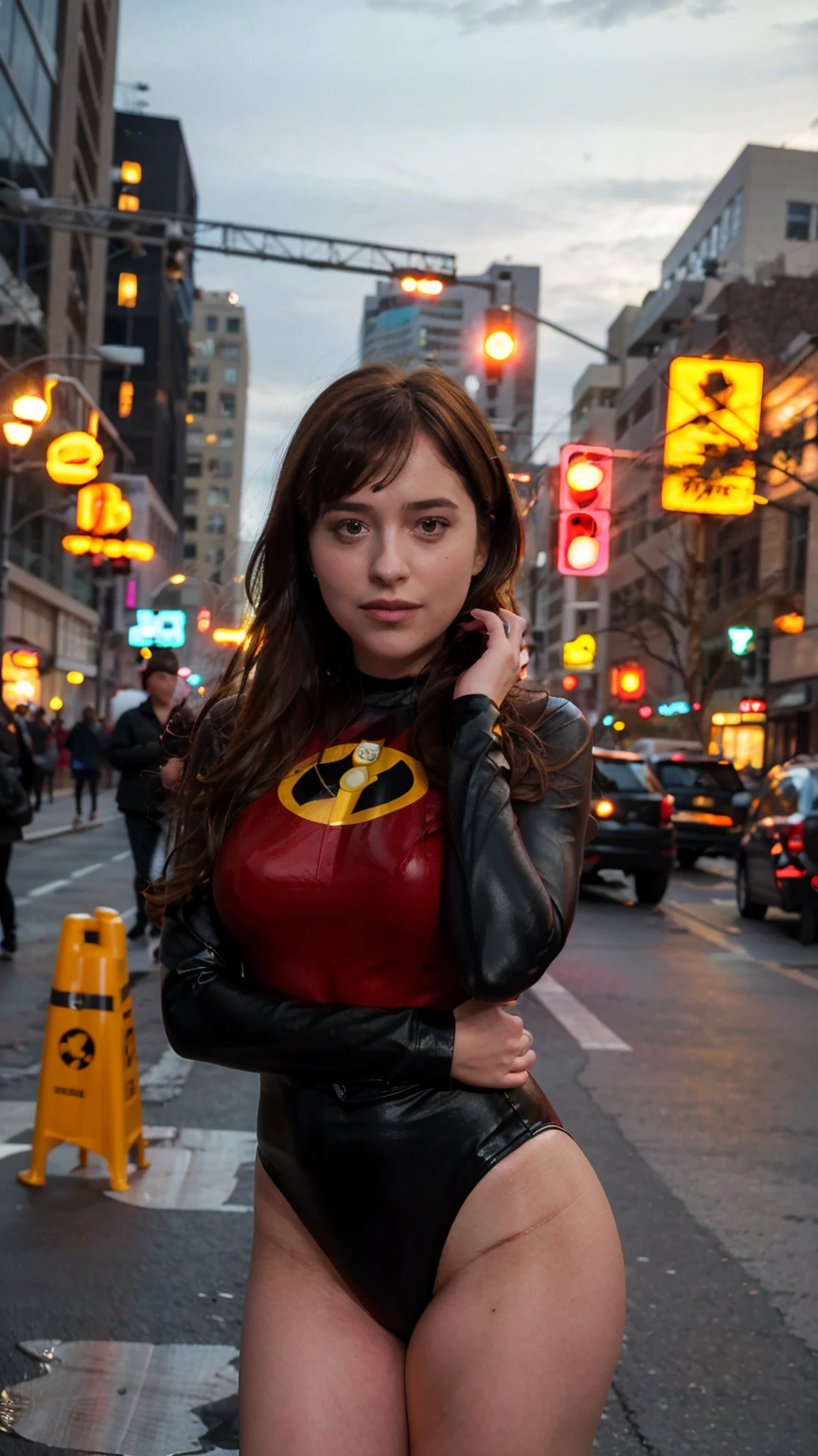 Masterpiece, (photorealistic1.4),Best quality, (solo), (1girl on night street)), (epiCRealLife), (lora:epiCFlashPhoto), (photorealistic1.4), (night scene), (night sky), (Helen Parr latex costume), (dakojohnold ), black elbow gloves), (black thighhigh), (Helen Parr bodysuit), (helen parr thighhigh) (helen parr short hair), (Helen Parr hairstyle), (outside patio), (1girl), (look at viewer), (demure), (close up), (spot light), (flashphoto, flash photography), (night time), (at night), (f/2.8), (cowboy shots), (upper body shot), (from front), (new york night street), (neon signs), (from front), (pose for pictures),
