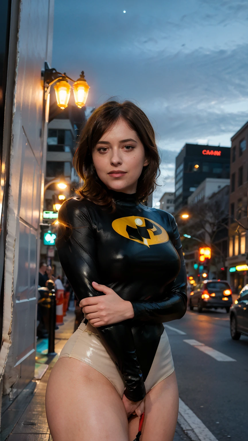 Masterpiece, (photorealistic1.4),Best quality, (solo), (1girl on night street)), (epiCRealLife), (lora:epiCFlashPhoto), (photorealistic1.4), (night scene), (night sky), (Helen Parr latex costume), (dakojohnold ), black elbow gloves), (black thighhigh), (Helen Parr bodysuit), (helen parr thighhigh) (helen parr short hair), (Helen Parr hairstyle), (outside patio), (1girl), (look at viewer), (demure), (close up), (spot light), (flashphoto, flash photography), (night time), (at night), (f/2.8), (cowboy shots), (upper body shot), (from front), (new york night street), (neon signs), (from front), (pose for pictures), 