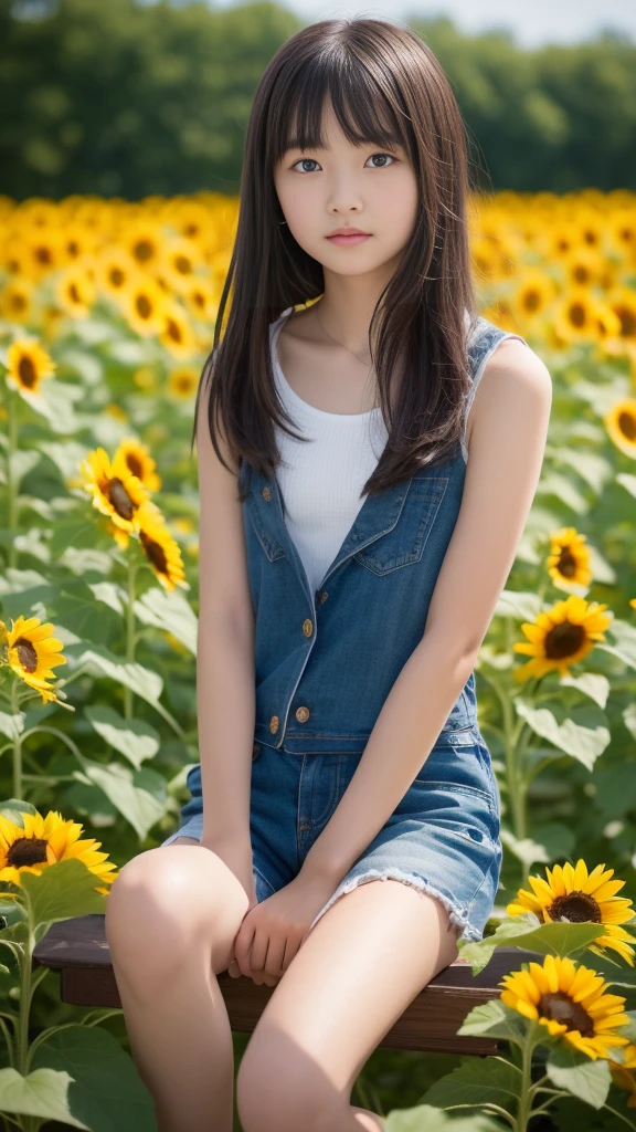 8K、 beautiful girl、A dark-haired、detailed beautiful faces、very short pants, A field of sunflowers
、Very strong wind、decolletage、Sit on the buttocks