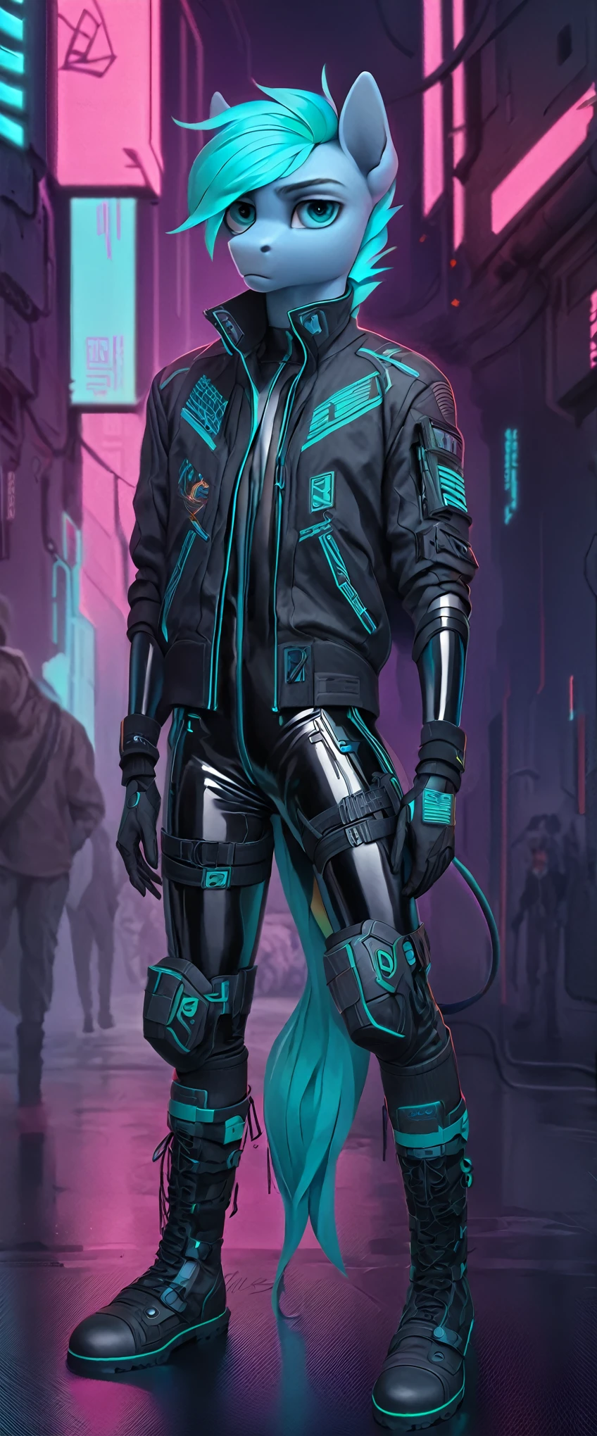 a ((full body)) cartoon picture of an anthropomorphic (((pony:0.9))), cyberpunk style, (((shiny latex cyberpunk bodysuit:1.0))), (((techwear jacket on top:0.9))), (((calf-high boots))), generic MLP style, professional drawing, ((())) male anthro pony, cyborg limbs ((frowning)), (((semi realistic cyan colored fur))), (((detailed eyes:1.0))), (((bold colored))) cyberpunk mane and tail.
