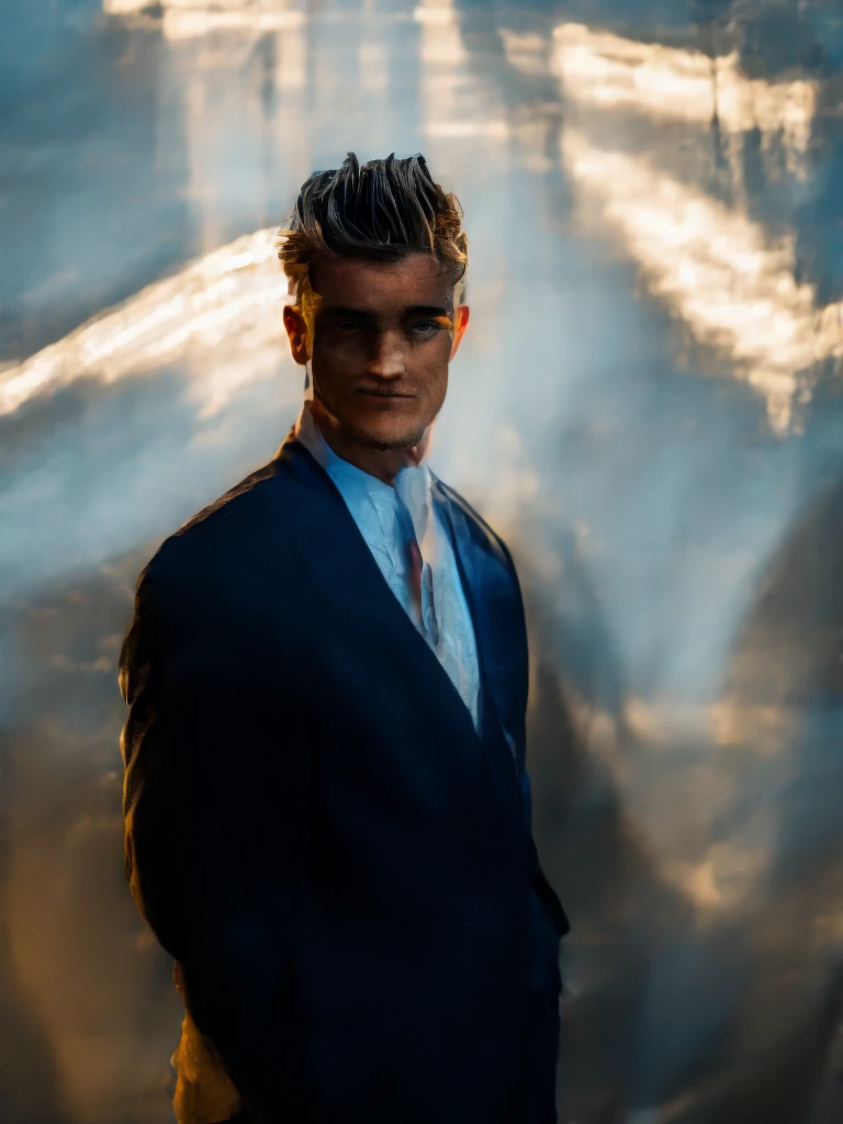 The man in the photo wearing a suit, in an office environment, With the lighting just where it is, standing alone, with the phrase "From home" written on the office wall.