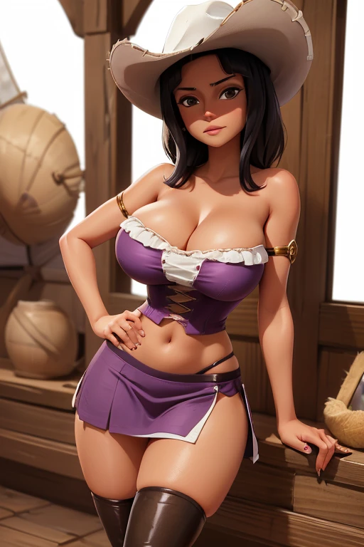 (masterpiece), best quality, expressive eyes, perfect face, front lighting, (outside onboard pirate ship at sea background), (posing), (seductive look), (cleavage view), (1girl, Nico Robin, milf, latina, dark skin, short black hair with bangs, straight flat hairstyle, brown eyes, hourglass figure, thick body, curvy body, large breasts, huge breasts, oppai, large cleavage, wide hips, thick thighs), (purple front laceup corset, croptop, sleevless, strapless, exposed cleavage, purple armlet, purple miniskirt, white fuzzy trim, white cowboy boots, white cowboy hat),