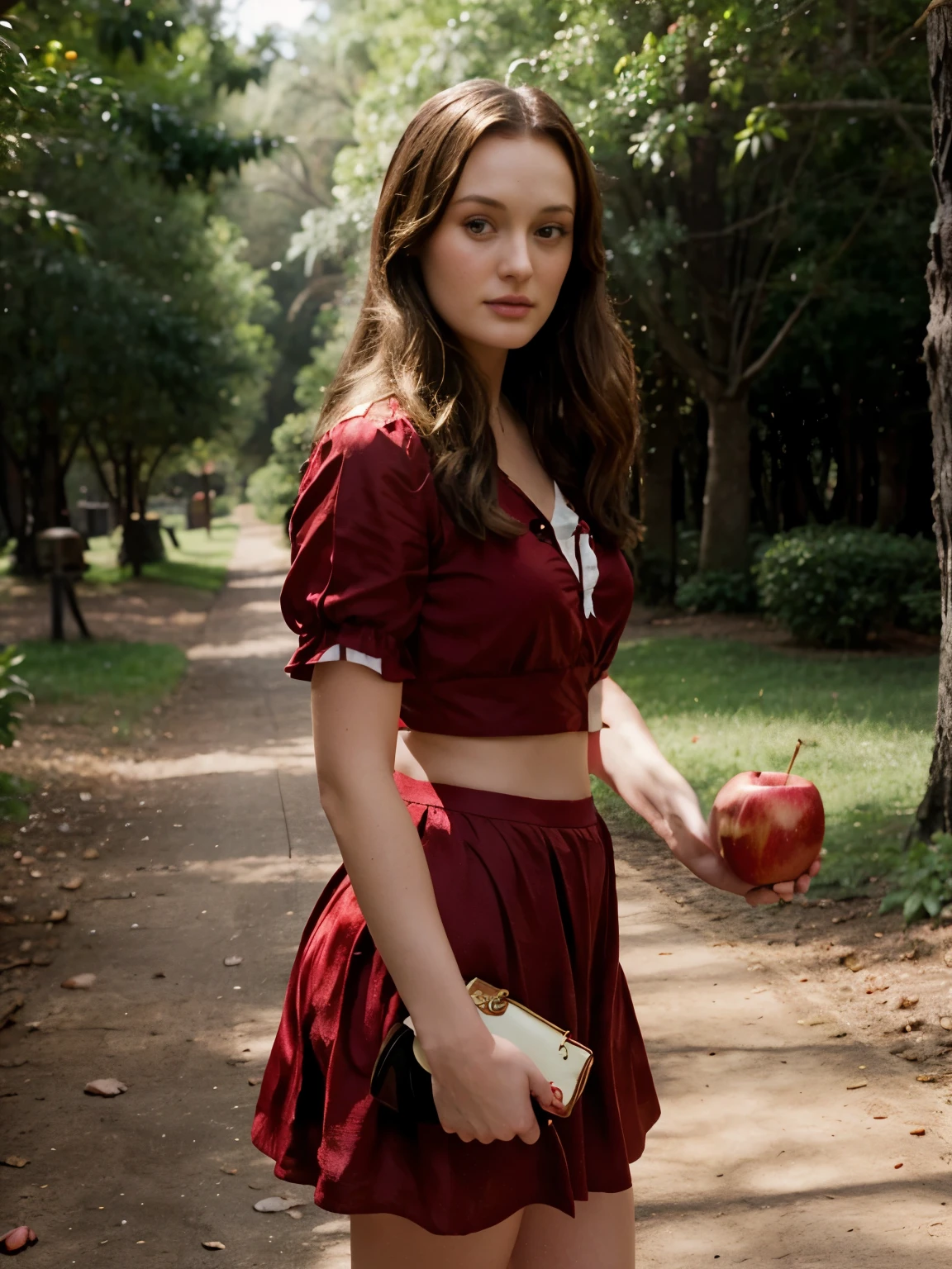 Leighton meester as Disney snow white with a red apple in her hand. Forrest background