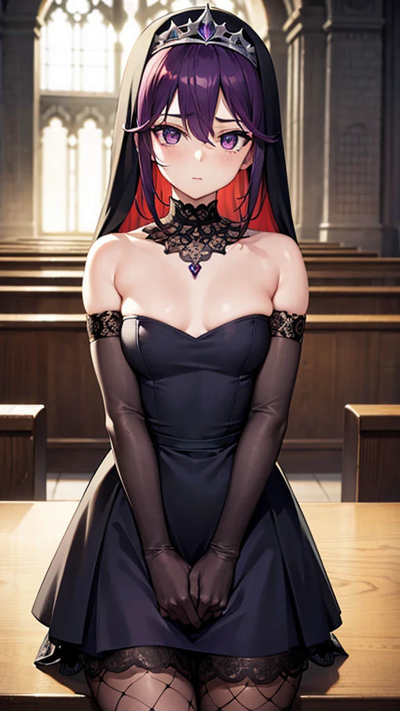 rosaria, rosaria, bags under eyes, hair between eyes, long eyelashes, multicolored hair, (purple eyes:1.1), purple hair, red hair, short hair, streaked hair, (small breasts:1.2), BREAK bare shoulders, breasts, elbow gloves, fishnet pantyhose, fishnets, gem, gloves, gradient, nun, pantyhose, red gemstone, skindentation, thigh strap, tiara, white gloves,lace,
BREAK looking at viewer,
BREAK indoors, church,benches, candles, fire,
BREAK (masterpiece:1.2), best quality, high resolution, unity 8k wallpaper, (illustration:0.8), (beautiful detailed eyes:1.6), extremely detailed face, perfect lighting, extremely detailed CG, (perfect hands, perfect anatomy),from above,upper body.