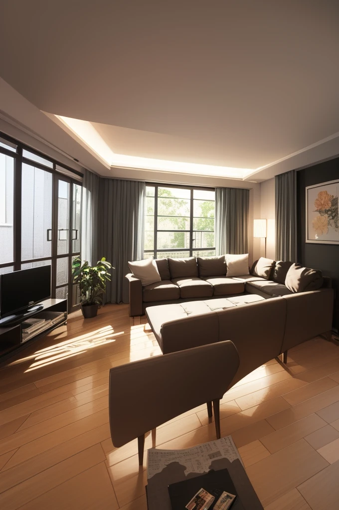 cool lighting, cool tones, living room interior, apartment interior, 2D art style, visual novel background, clean minimalist apartment, anime art style, flower decor