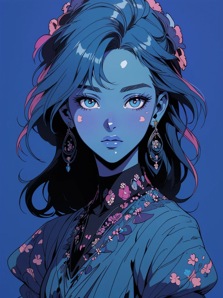 Anime Girl, the 90s(masterpiece, Top quality, best quality, Official Art, beautiful and aesthetic:1.2), (1 Girl:1.3), Very detailed,(Fractal Art:1.1),(rich and colorful:1.1)(Flowers:1.3),The most detailed,(Zentangle:1.2), whole body, (Blue Background:1.3), (shiny skin), (Many colors:1.4), ,(earrings)
