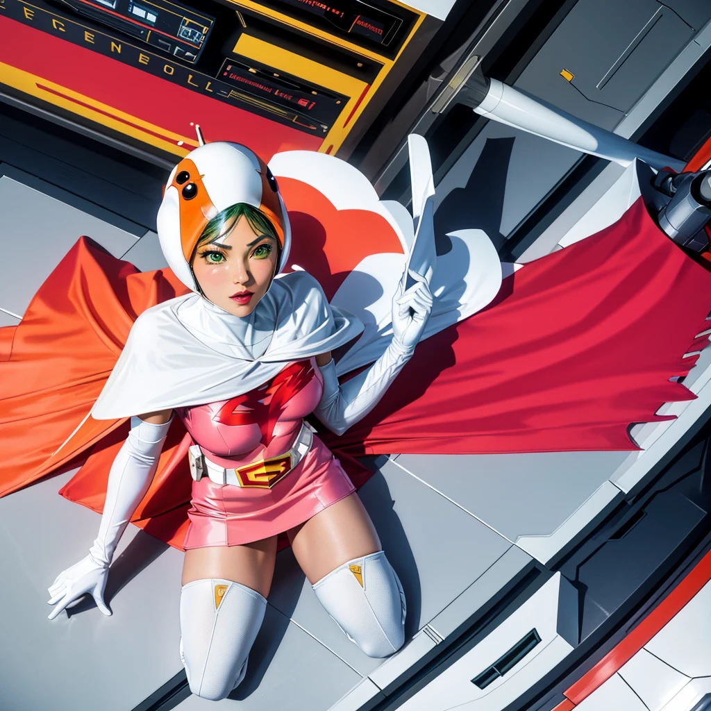 ANI_CLASSIC_jun_gatchaman_ownwaifu,1girl, 15 years old, good anatomy, masterpiece, best quality, realistic, hyperrealistic, 16k hdr, breasts, green eyes, lips, large breasts, lipstick, makeup, gloves, cape, helmet, belt, elbow gloves, white gloves, mask, ultra miniskirt, leotard, spacesuit, white tight overknee highheels boots, pink dress, superhero,bodysuit,(lying flat poses, view from above),pantyhose