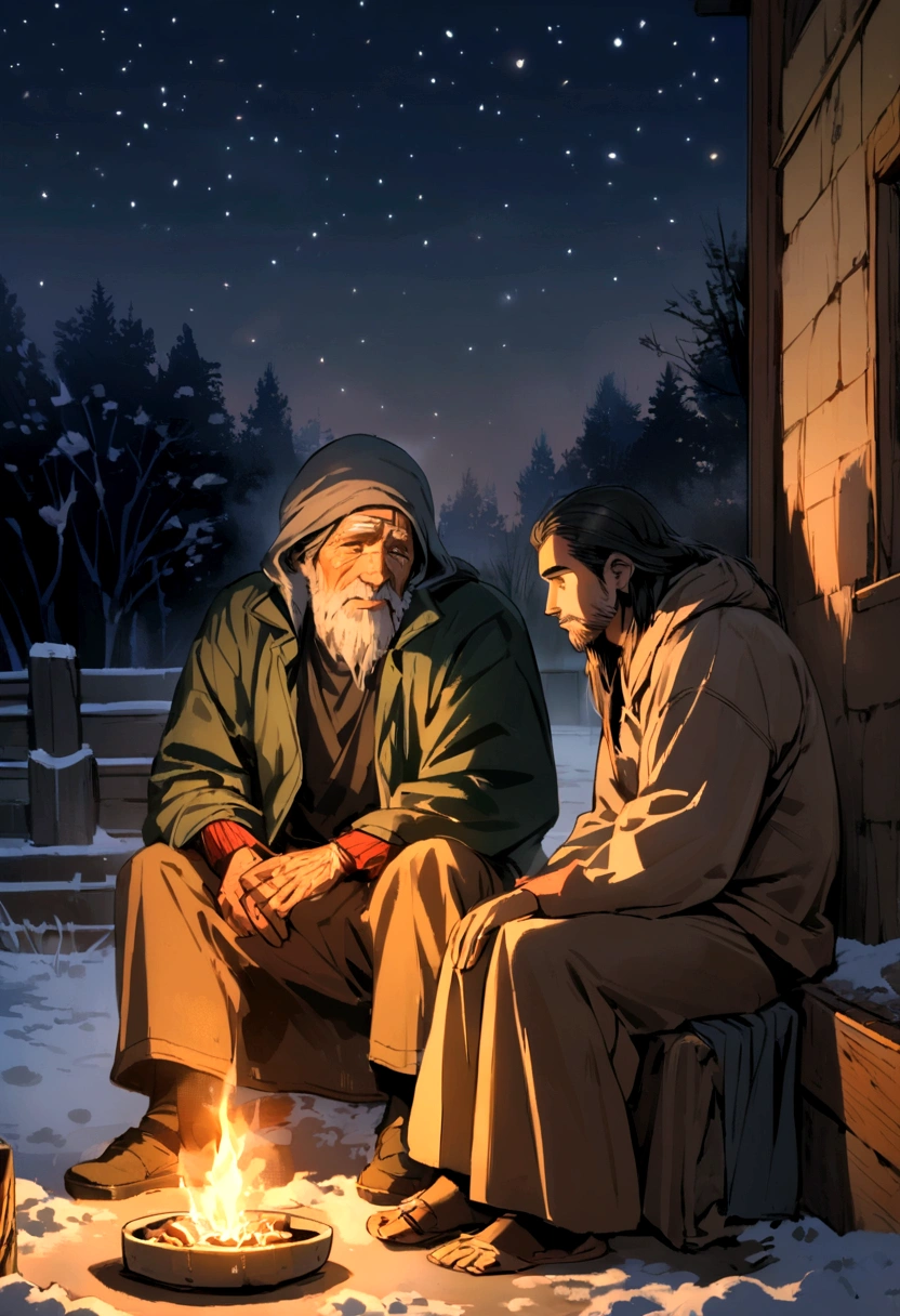 homeless man and boy,and cold at night,Jesus Christ taking care of man