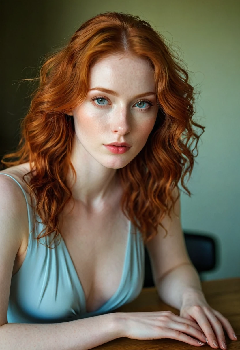 Photography full body, whole body of a very beautiful realistic girl, sitting on the table, sexy posing, Underneath, porcelain skin, very light skin, very pale skin, redhead, wavy, open hair, Detail of skin structure, hazel eyes, Slit eyes, small-nose, small nostril, think of arched eyebrows, thick lower lip, seductive glance, happy face, unique face, foto realista, Masterpiece Image, sharp image, evening, dark light,