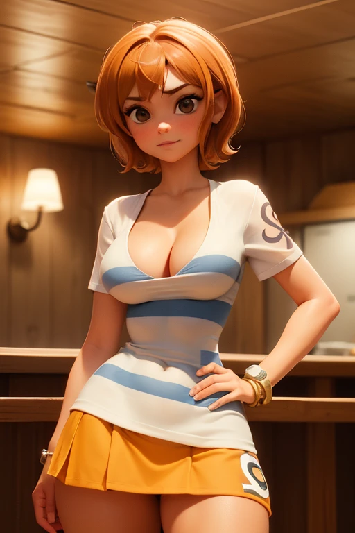 (masterpiece), best quality, expressive eyes, perfect face, front lighting, (outside onboard pirate ship at sea background), (posing), (seductive look), (cleavage view), (1girl, Nami, 18 years old, orange hair, short hair, brown eyes, hourglass figure, left shoulder tattoo, skinny body, thin body, petite_body, small breasts, wide hips, thick thighs), (striped shirt, white shirt, short sleeves, exposed cleavage, bracelet, yellow skirt),