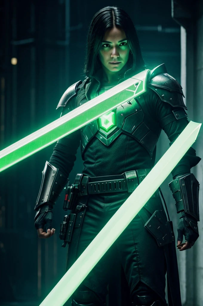 Detailed snapshot, cyberpunk, glowing sword, Luminous armor, Green light, 8k, real, realist