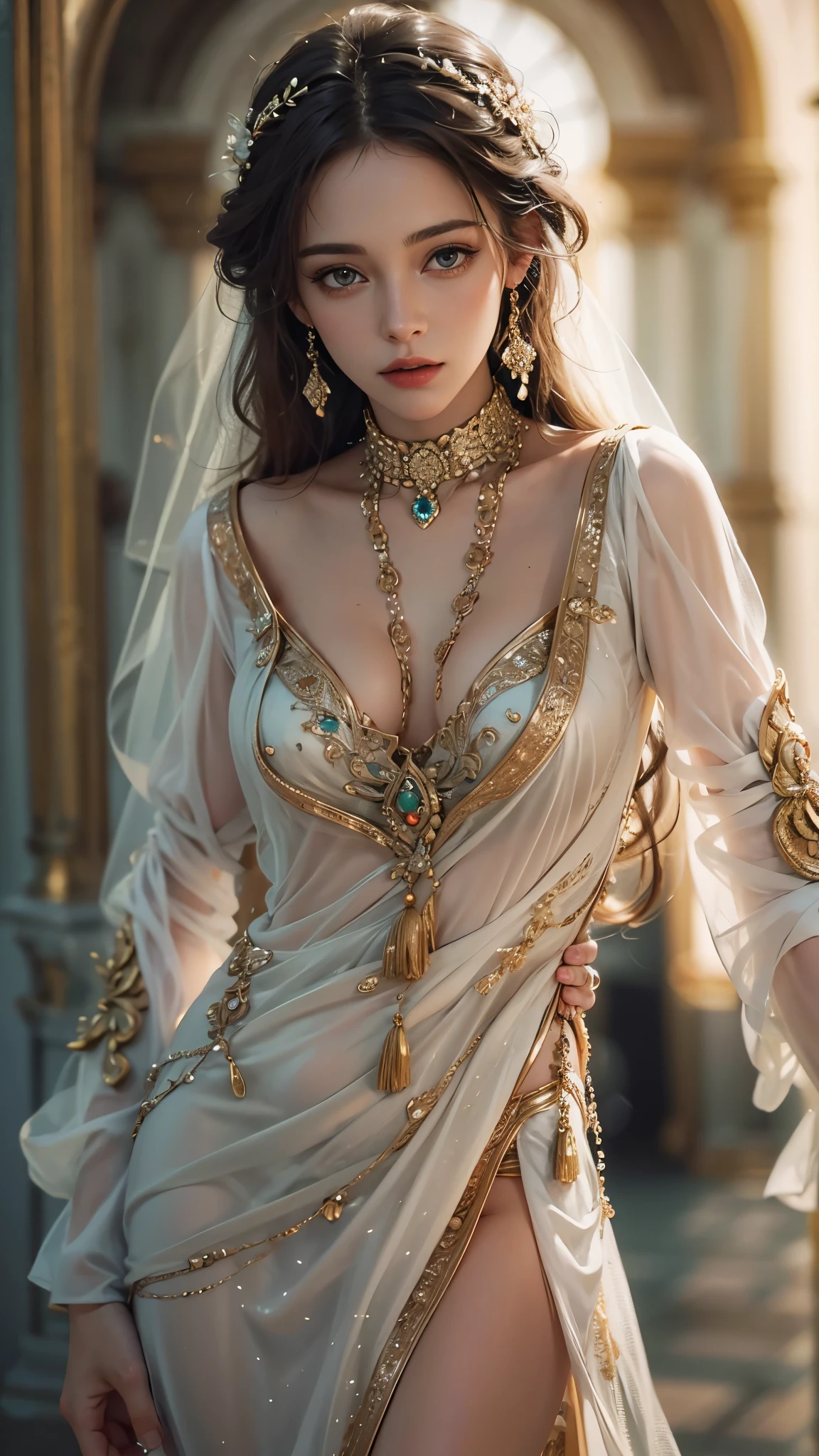 Best quality, Masterpiece,1girl, Kristen Stewart , The perfect Arab dress, Hair decoration, necklace, jewelry, Beautiful Face, The body is complete, Perfect thighs, Reality pictures, Edge lighting, Two-color lighting, (Highly detailed skin: 1.2), 8 kilos UHD, dslr, Soft lighting, High quality, Volumetric lighting, express, HD, 8 kilos, bokeh, reality, He's realistic