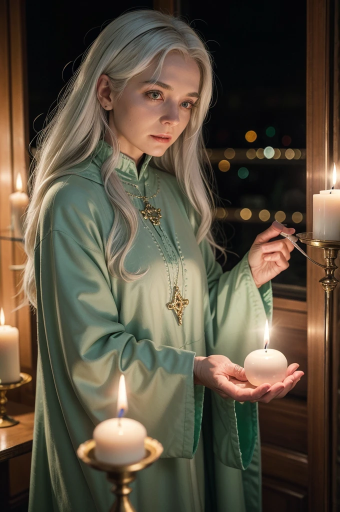 An Elderly Spiritual Woman Holding a Crystal Ball, with white hair, Green Spiritual Coat, Spiritual Fund, candles, the night