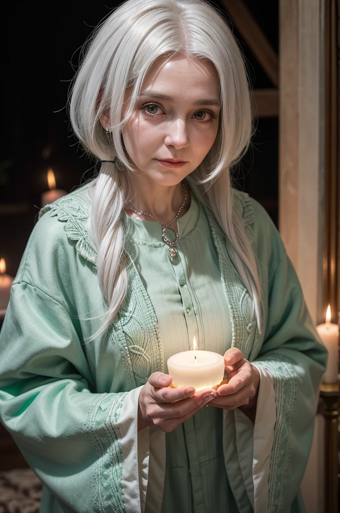 An Elderly Spiritual Woman Holding a Crystal Ball, with white hair, Green Spiritual Coat, Spiritual Fund, candles, the night