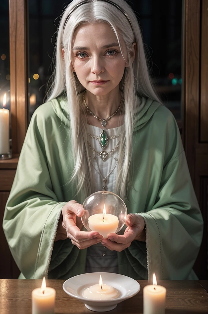 An Elderly Spiritual Woman Holding a Crystal Ball, with white hair, Green Spiritual Coat, Spiritual Fund, candles, the night