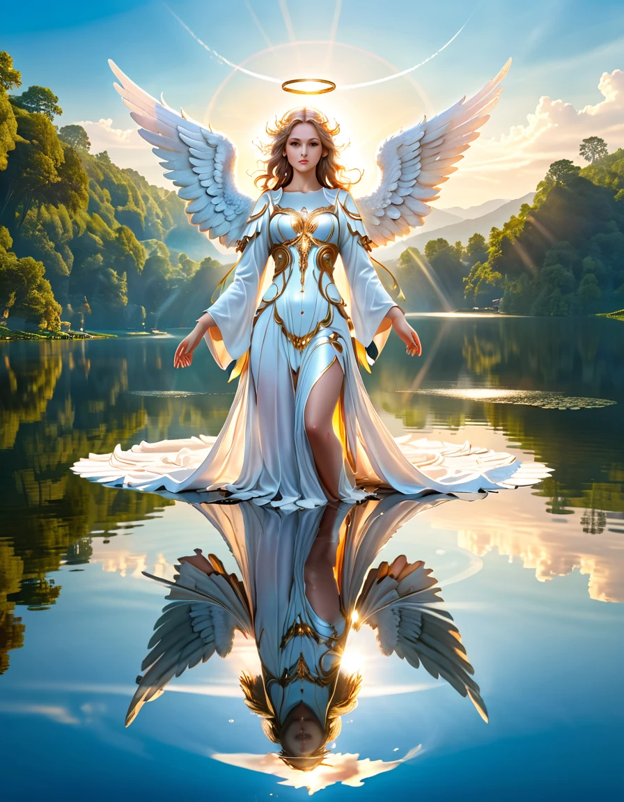 a picture of a female angel flying over a lake ((the angel's reflection mirrored perfectly in the lake: 1.5)), full body shot, a beautiful female angel, divine beauty angel, ((ultra detailed face: 1.3)), (best detailed face: 1.3), dynamic eye color, dynamic hair color, dynamic hair style, intense gaze, wearing dynamic clothing, hovering over a lake, (white angelic wings spread: 1.3), (((a perfect reflection of the angel seen in the lake: 1.5))) vibrant, Ultra-high resolution, High Contrast, masterpiece:1.2, highest quality, Best aesthetics), best details, best quality, highres, ultra wide angle, 16K, [ultra detailed], masterpiece, best quality, (extremely detailed), 大Angel　skyline　god　Angel　bless　godの栄光　