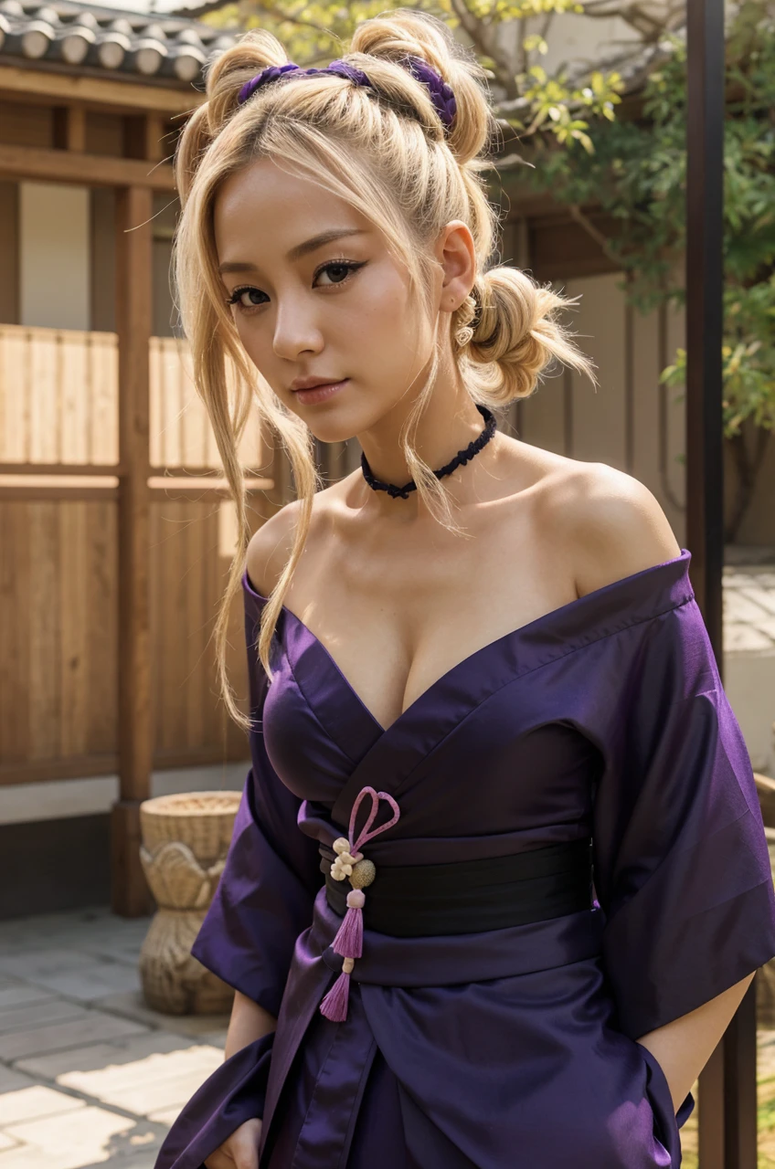 Temari, 30 years old, blonde hair with four pigtails, mikado, black eyes, Small nose, thin neck, seductive, attractive, large breast, purple kimono, realistic, 4k,