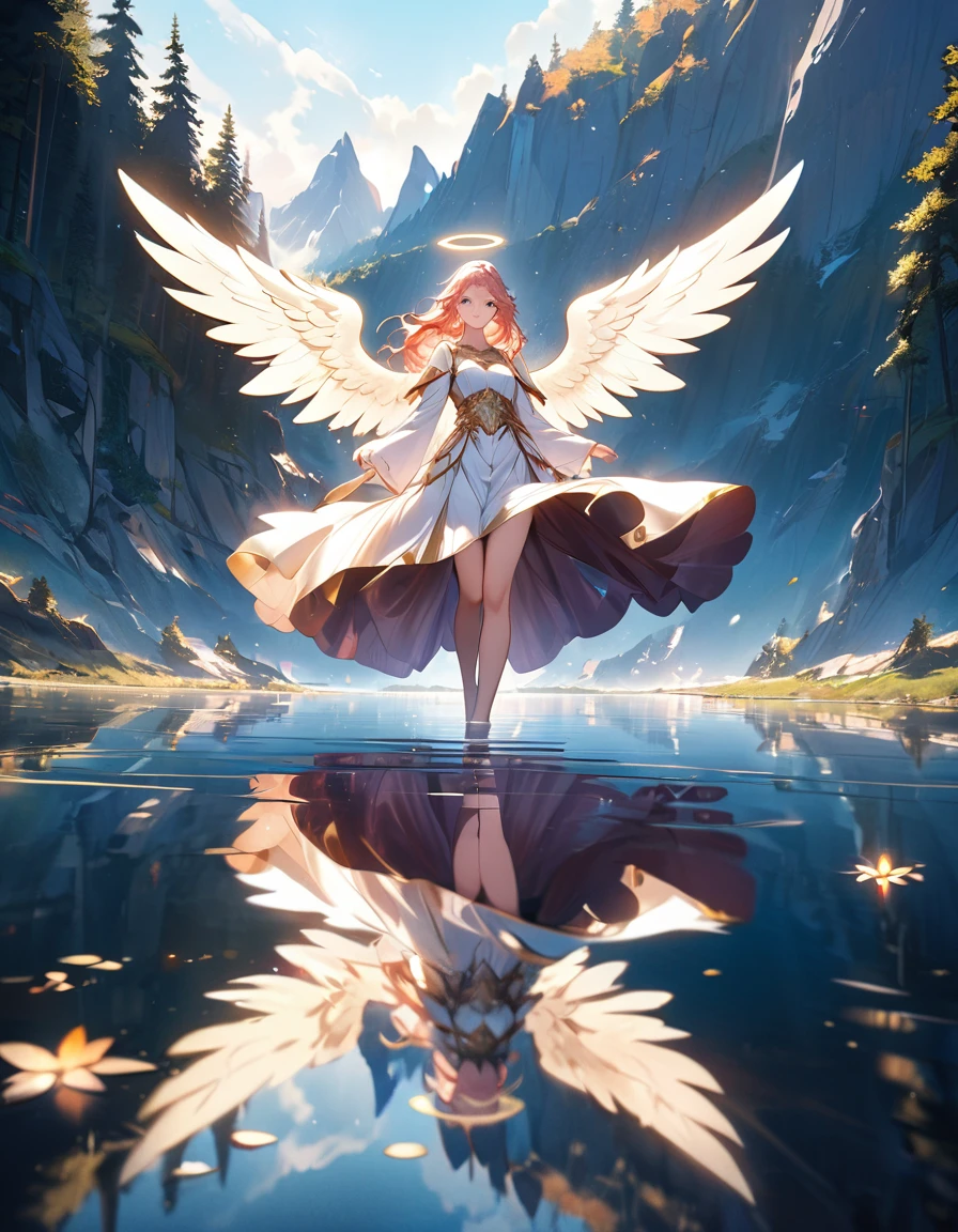 a picture of a female angel flying over a lake ((the angel's reflection mirrored perfectly in the lake: 1.5)), full body shot, a beautiful female angel, divine beauty angel, ((ultra detailed face: 1.3)), (best detailed face: 1.3), dynamic eye color, dynamic hair color, dynamic hair style, intense gaze, wearing dynamic clothing, hovering over a lake, (white angelic wings spread: 1.3), (((a perfect reflection of the angel seen in the lake: 1.5))) vibrant, Ultra-high resolution, High Contrast, masterpiece:1.2, highest quality, Best aesthetics), best details, best quality, highres, ultra wide angle, 16k, [ultra detailed], masterpiece, best quality, (extremely detailed)