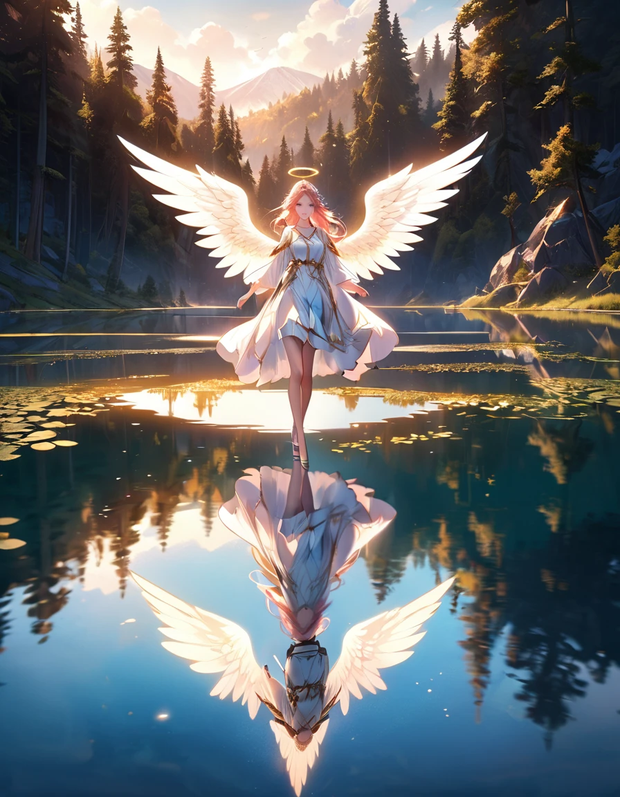 a picture of a female angel flying over a lake ((the angel's reflection mirrored perfectly in the lake: 1.5)), full body shot, a beautiful female angel, divine beauty angel, ((ultra detailed face: 1.3)), (best detailed face: 1.3), dynamic eye color, dynamic hair color, dynamic hair style, intense gaze, wearing dynamic clothing, hovering over a lake, (white angelic wings spread: 1.3), (((a perfect reflection of the angel seen in the lake: 1.5))) vibrant, Ultra-high resolution, High Contrast, masterpiece:1.2, highest quality, Best aesthetics), best details, best quality, highres, ultra wide angle, 16k, [ultra detailed], masterpiece, best quality, (extremely detailed)