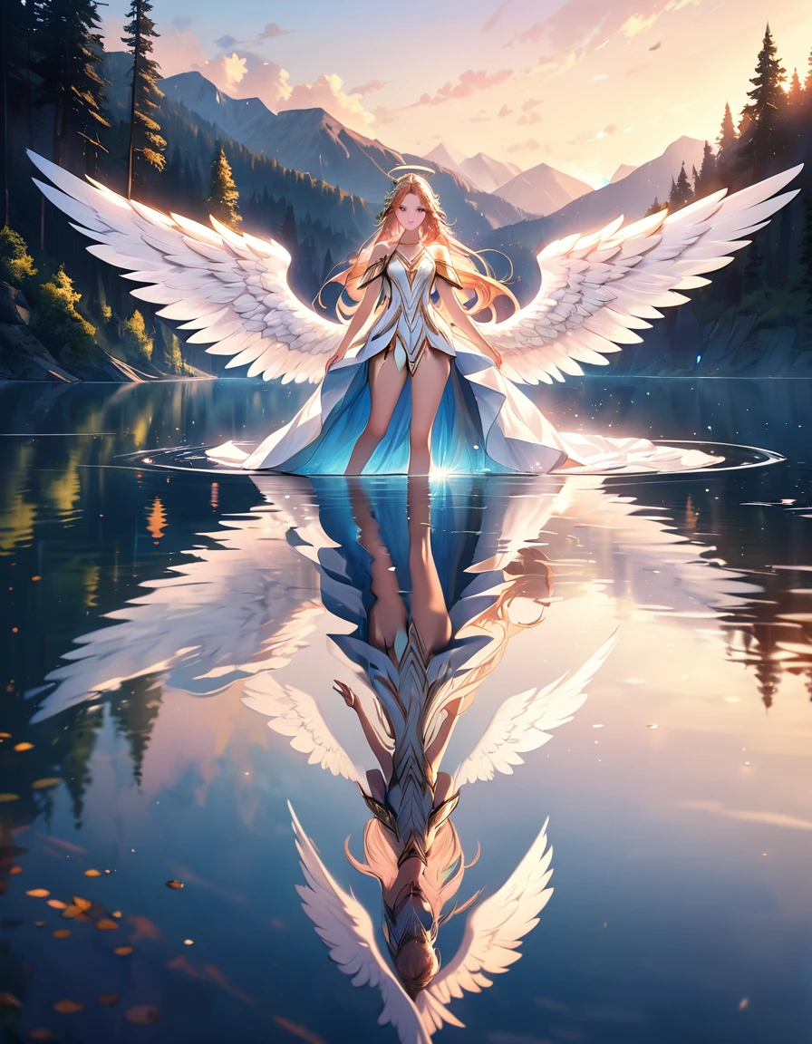 a picture of a female angel flying over a lake ((the angel's reflection mirrored perfectly in the lake: 1.5)), full body shot, a beautiful female angel, divine beauty angel, ((ultra detailed face: 1.3)), (best detailed face: 1.3), dynamic eye color, dynamic hair color, dynamic hair style, intense gaze, wearing dynamic clothing, hovering over a lake, (white angelic wings spread: 1.3), (((a perfect reflection of the angel seen in the lake: 1.5))) vibrant, Ultra-high resolution, High Contrast, masterpiece:1.2, highest quality, Best aesthetics), best details, best quality, highres, ultra wide angle, 16k, [ultra detailed], masterpiece, best quality, (extremely detailed)