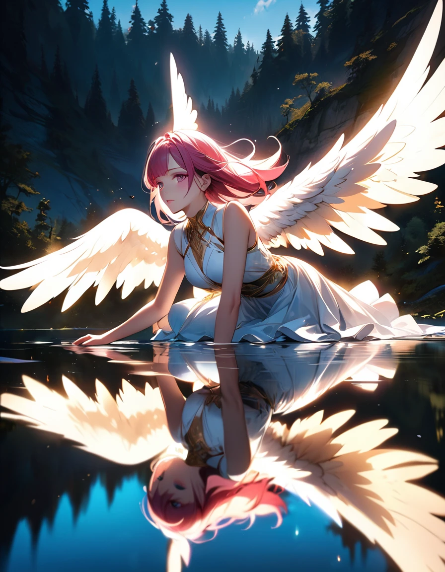 a picture of a female angel flying over a lake ((the angel's reflection mirrored perfectly in the lake: 1.5)), full body shot, a beautiful female angel, divine beauty angel, ((ultra detailed face: 1.3)), (best detailed face: 1.3), dynamic eye color, dynamic hair color, dynamic hair style, intense gaze, wearing dynamic clothing, hovering over a lake, (white angelic wings spread: 1.3), (((a perfect reflection of the angel seen in the lake: 1.5))) vibrant, Ultra-high resolution, High Contrast, masterpiece:1.2, highest quality, Best aesthetics), best details, best quality, highres, ultra wide angle, 16k, [ultra detailed], masterpiece, best quality, (extremely detailed)