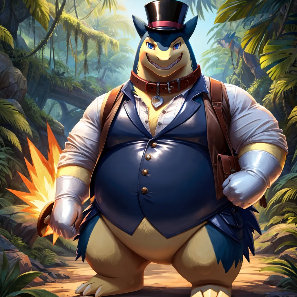 Male, fat, extremely obese, gentleman, Typhlosion, blue eyes, (posing:1.3), (soft shading), 4k, hi res, ((detailed face, detailed)), looking at viewer, evil grin, jungle, forest, shirt, top hat, male focus, Explorer Outfit, glasses, monocle, bag, vest, backpack, sleeves rolled up, round eyewear, brown headwear, brown vest, Typhlosion is wearing a glossy leather dog collar around the neck, Typhlosion is wearing the leather collar and shirt and vest at the same time, Typhlosion is wearing glossy white rubber gloves on the hands, wearing white rubber gloves on the feet, gloves are rubber in texture, clenching teeth, clenching fists, leather collar is glossy and shiny with a lot of detail.