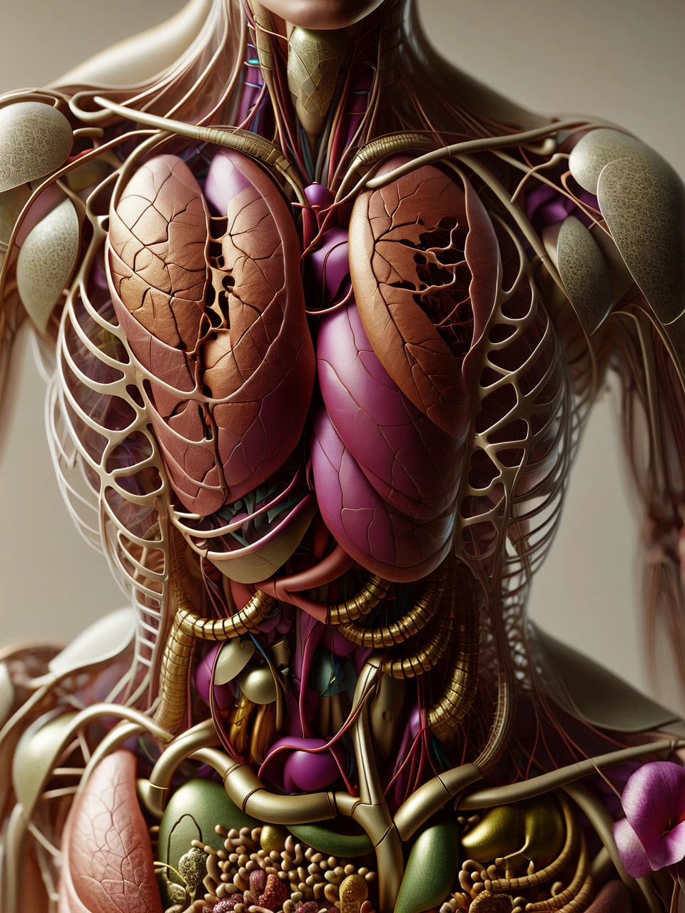 a detailed hyperrealistic human anatomy torso with partially transparent skin, revealing organs, muscles and skeletal system, 1 person, medical illustration style, gold abstract mandalas, petals blending seamlessly, neutral background, best quality, 8k, photorealistic, physically-based rendering, extreme detail description, studio lighting, sharp focus, ultra-fine painting, vivid colors gold brains, sandstorm death cinematic