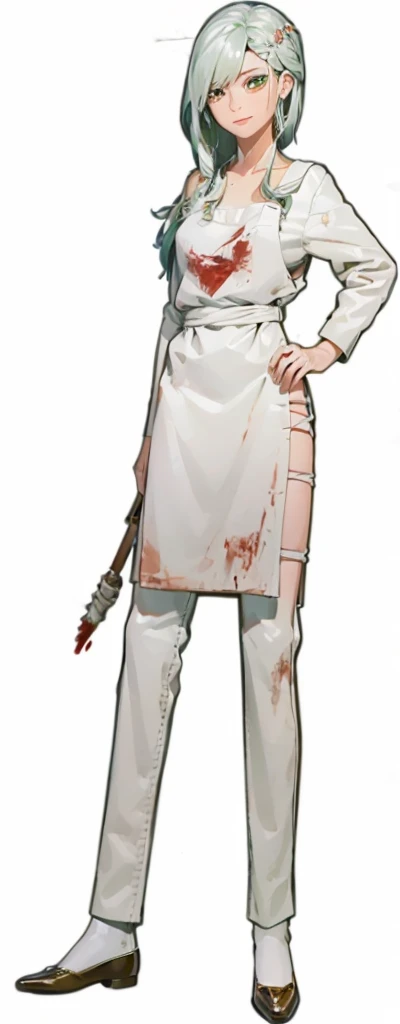 (masterpiece, best quality, digital artwork, digital artwork, drawing, fantasy, human only):1.2, woman, beautiful, smooth face, green eyes, smirking, white hair, (white clothes, white apron):1.2, looking at viewer, tavern background, (blood on clothes):1.2, (blood on face):1.2