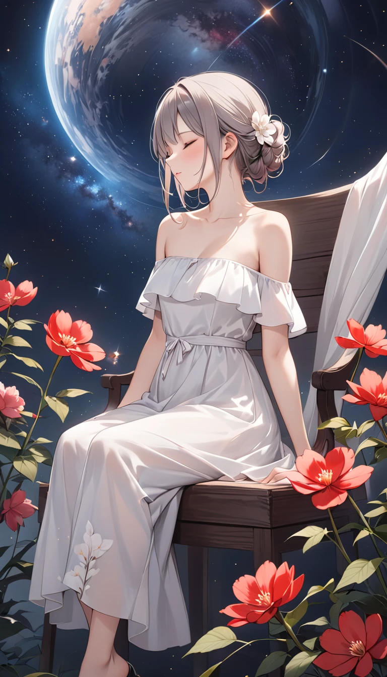 top quality、masterpiece、greyとredの調和アート、grey、Ideal Anatomy、Girl closes her eyes、Cute、14 years、profile、black off-the-shoulder dress、Seated Girl、The art of wabi-sabi、grey、red、white、Perfect artistic harmony、fantasy、vermilion flower、greyの葉、Humble flower、Simple configuration、背景はwhiteい壁です、redい花、greyの葉、space、