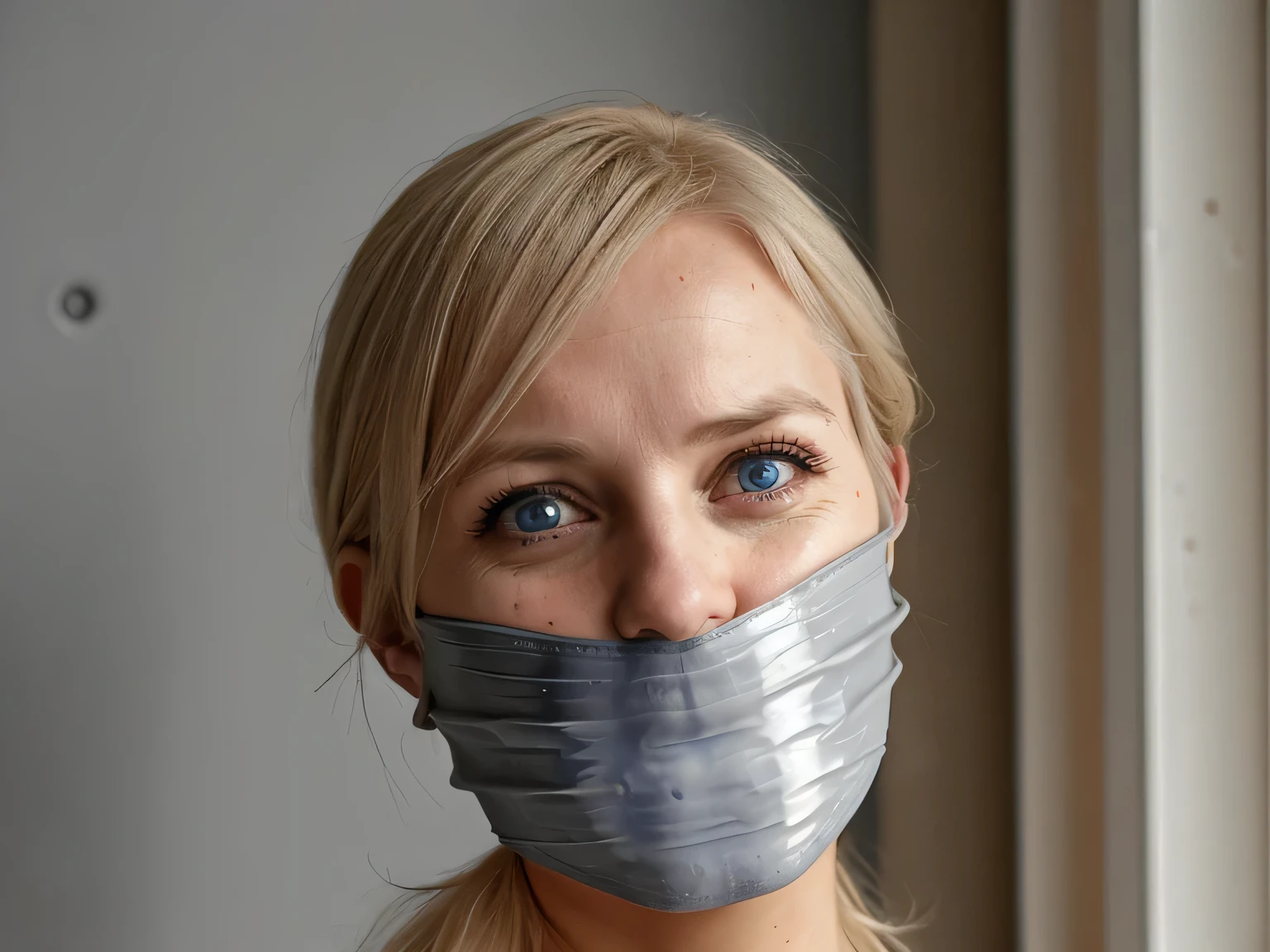 german blonde woman, blue eyes, improvised gag, Tape gag, GAGGED, panic, grey vinyl tape, frightened, 