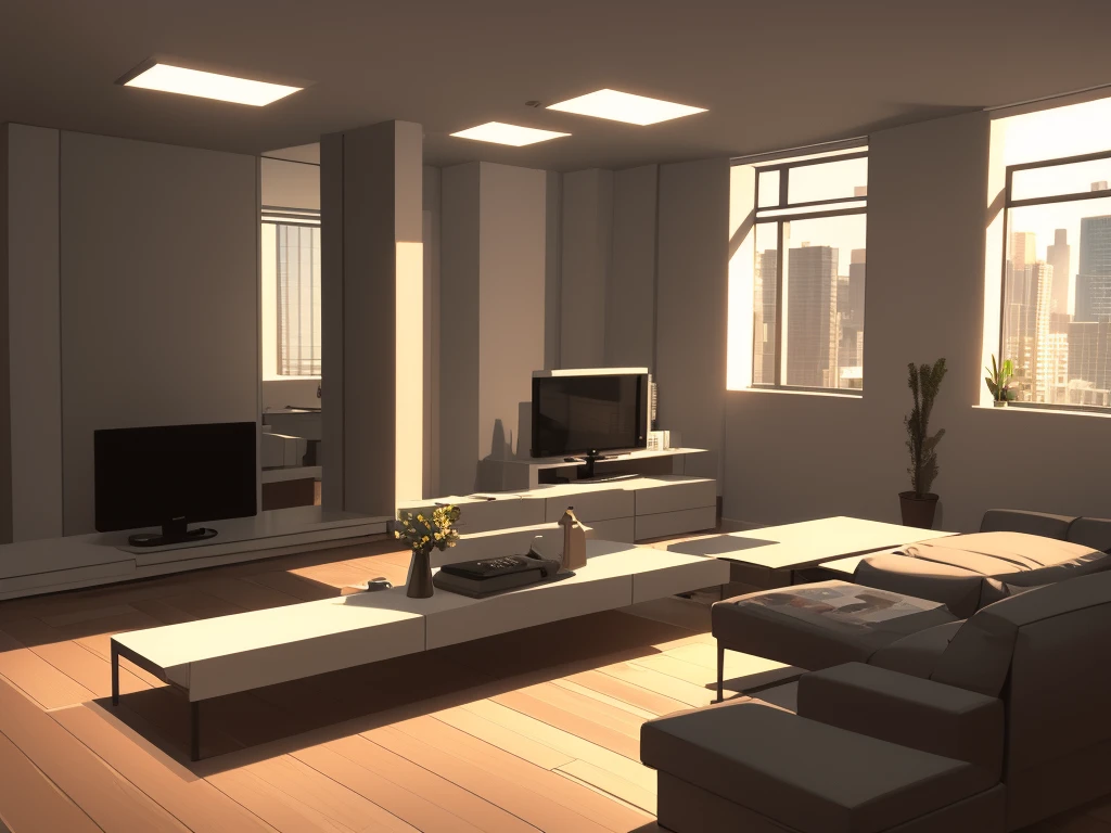 cool lighting, cool tones, living room interior, apartment interior, 2D art style, visual novel background, clean minimalist apartment, anime art style, flower decor, visual novel background art, anime background art