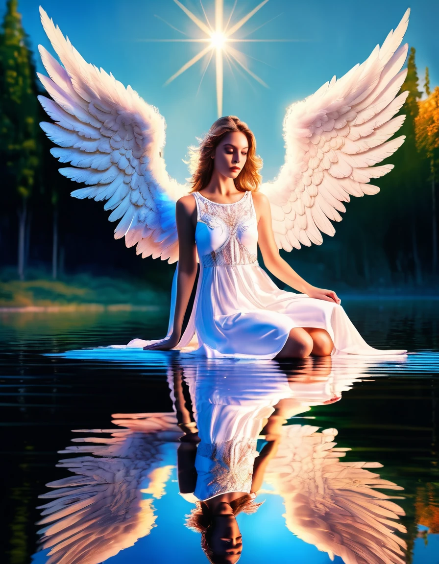 a picture of a female angel flying over a lake ((the angel's reflection mirrored perfectly in the lake: 1.5)), full body shot, a beautiful female angel, divine beauty angel, ((ultra detailed face: 1.3)), (best detailed face: 1.3), dynamic eye color, dynamic hair color, dynamic hair style, intense gaze, wearing dynamic clothing, hovering over a lake, (white angelic wings spread: 1.3), (((a perfect reflection of the angel seen in the lake: 1.5))) vibrant, Ultra-high resolution, High Contrast, masterpiece:1.2, highest quality, Best aesthetics), best details, best quality, highres, ultra wide angle, 16k, [ultra detailed], masterpiece, best quality, (extremely detailed)