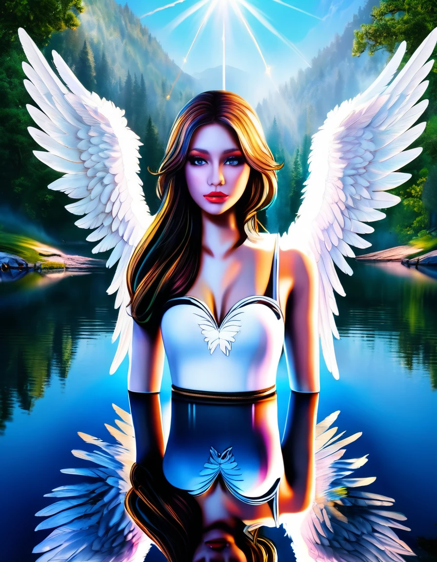 a picture of a female angel flying over a lake ((the angel's reflection mirrored perfectly in the lake: 1.5)), full body shot, a beautiful female angel, divine beauty angel, ((ultra detailed face: 1.3)), (best detailed face: 1.3), dynamic eye color, dynamic hair color, dynamic hair style, intense gaze, wearing dynamic clothing, hovering over a lake, (white angelic wings spread: 1.3), (((a perfect reflection of the angel seen in the lake: 1.5))) vibrant, Ultra-high resolution, High Contrast, masterpiece:1.2, highest quality, Best aesthetics), best details, best quality, highres, ultra wide angle, 16k, [ultra detailed], masterpiece, best quality, (extremely detailed)