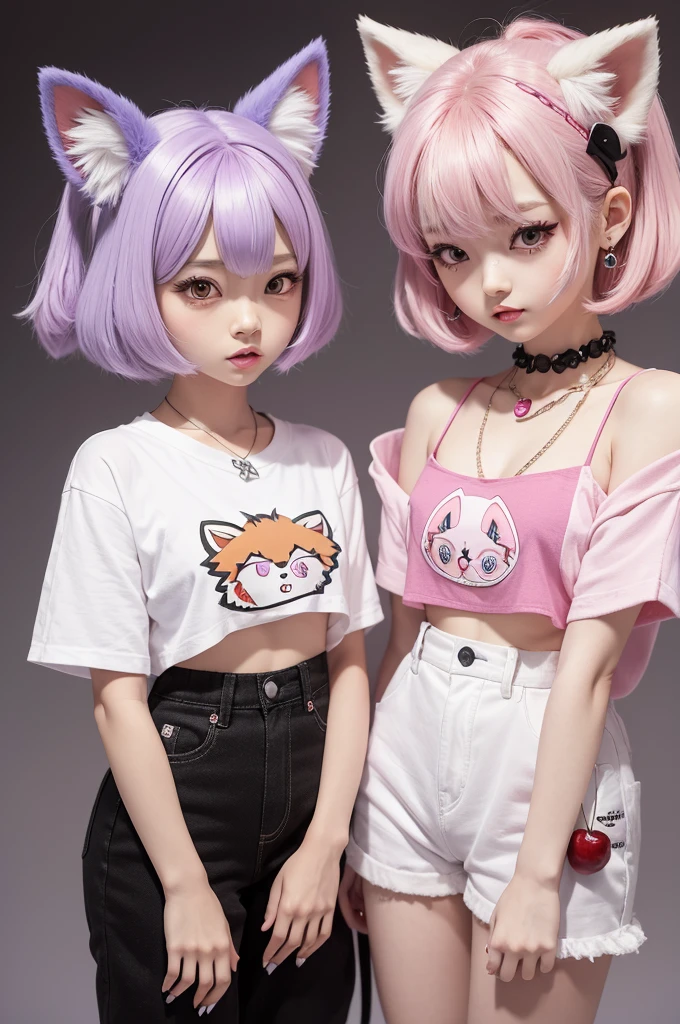A 3D chibi animal mascot with kpop style with the inner body of a fox with its main color being a pastel lilac, having a cherry-shaped hair clip on the right side of its head and on its face a small mole under its left eye , with doll eyelashes, and a cherry and light red necklace.