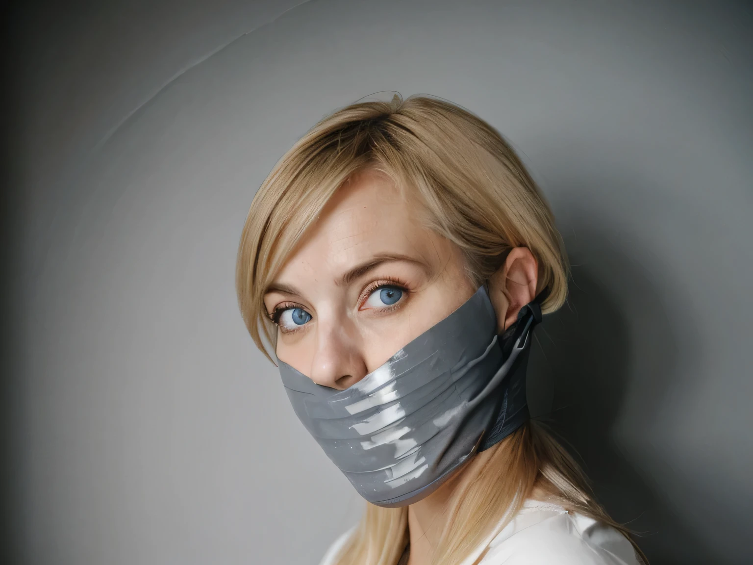 german blonde woman, blue eyes, improvised gag, Tape gag, GAGGED, panic, grey vinyl tape, frightened 